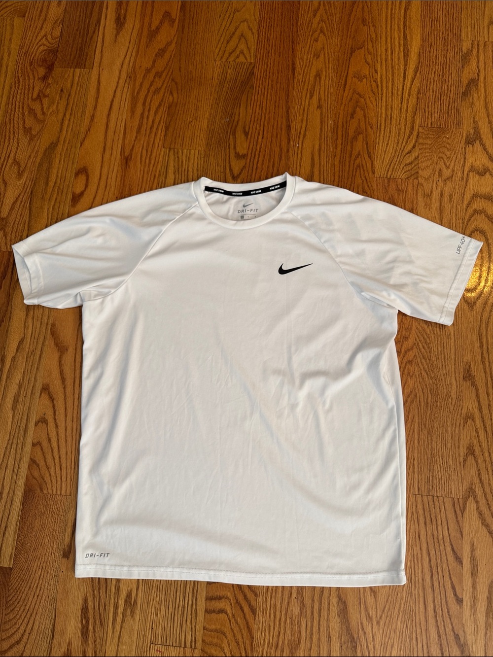 Nike Swim White Short Sleeve Athletic Tee with Black Swoosh UPF 40+